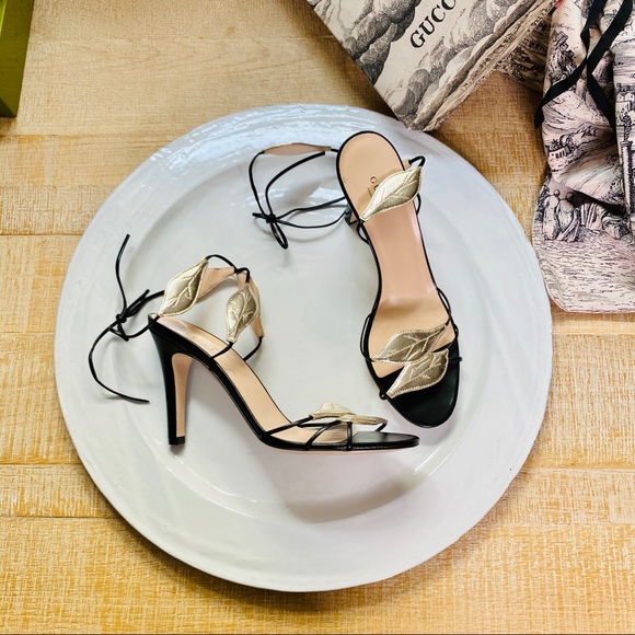 Gucci Shoes - Gucci sandals with light gold leaves & ankle ties